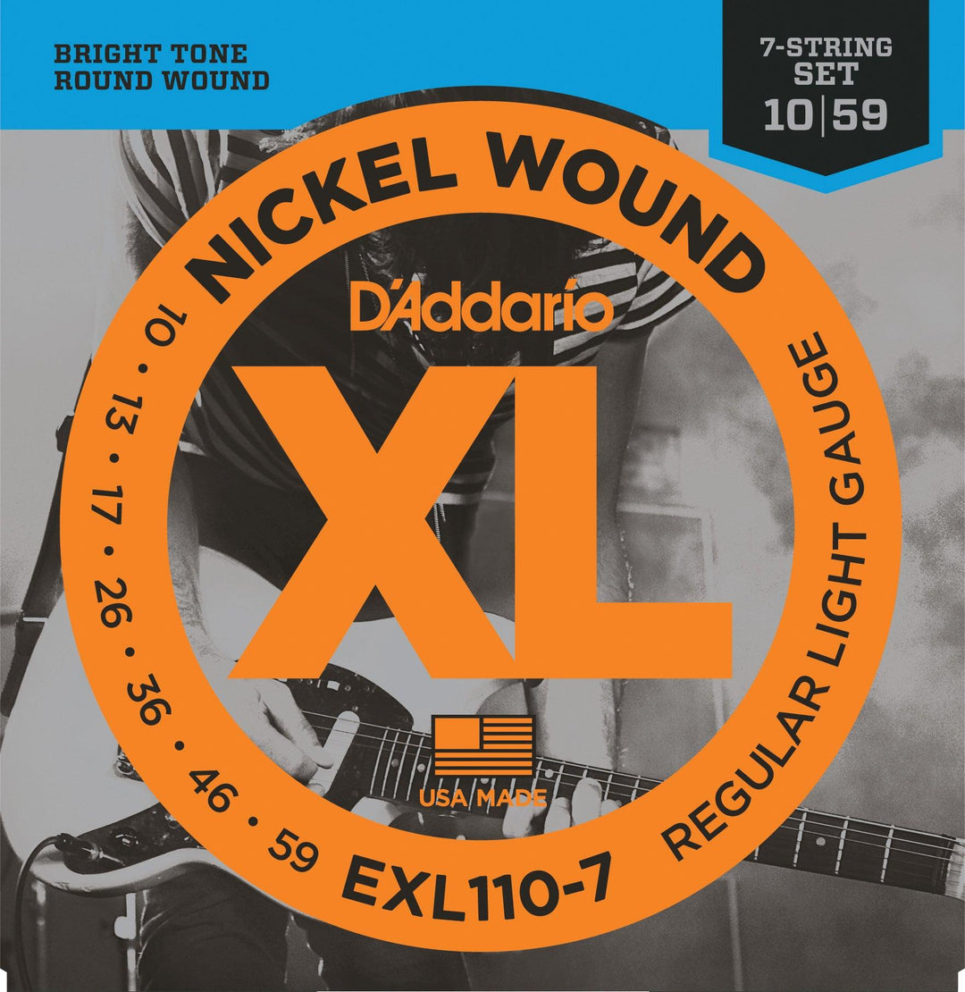 D'Addario XL 7-String Electric Guitar String Set, Nickel, EXL110-7 Regular Light .010-.059 - A Strings
