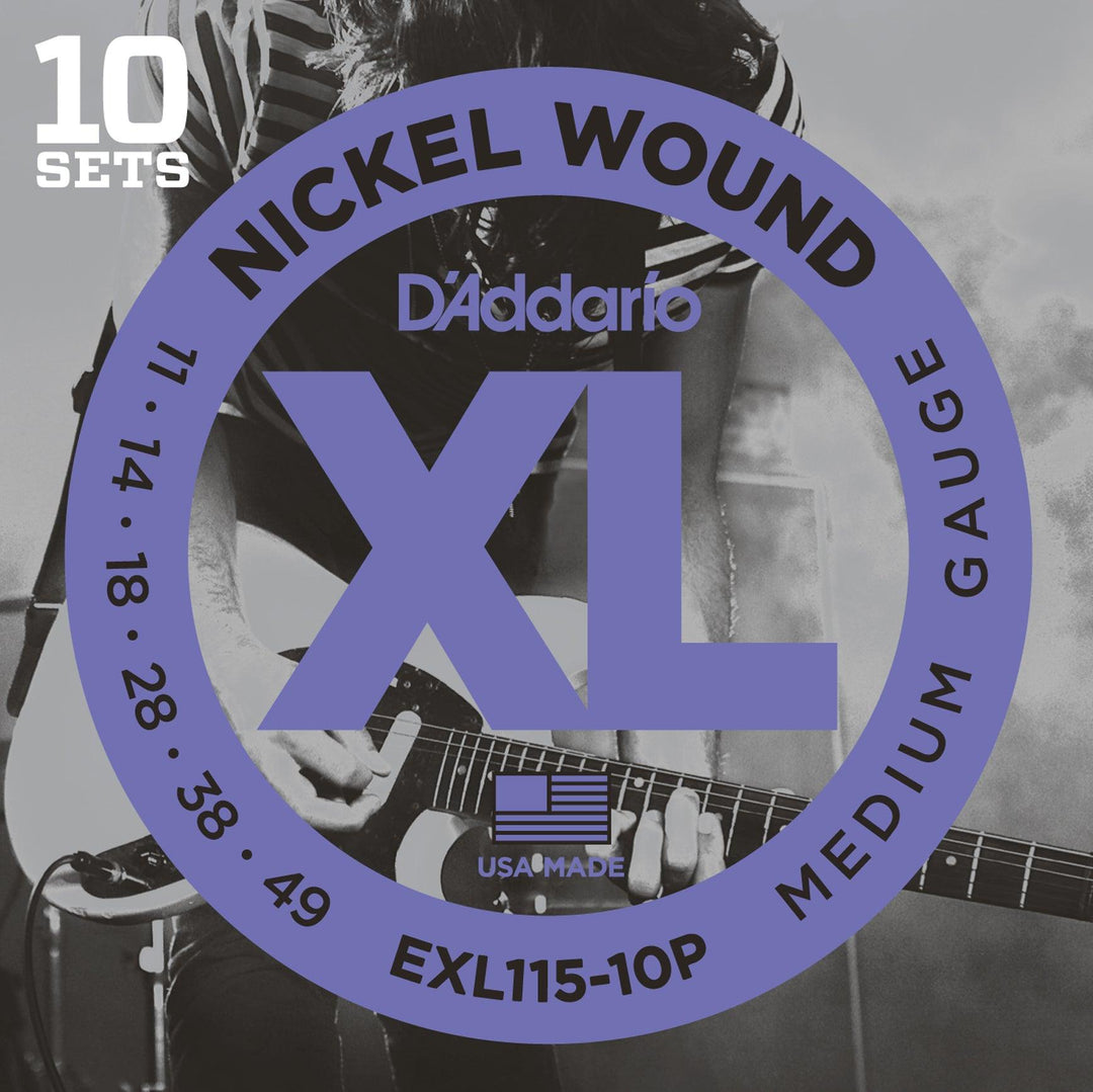D'Addario XL 10-Pack Electric Guitar String Set, Nickel, EXL115-10P Medium/Blues-Jazz Rock, .011-.049 - A Strings