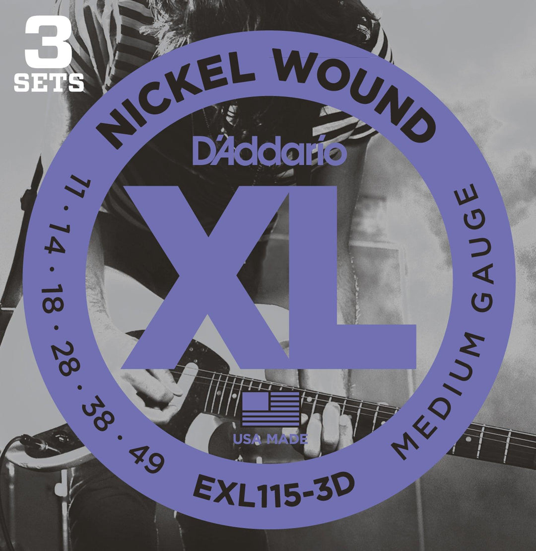 D'Addario XL 3-Pack Electric Guitar String Sets, Nickel, EXL115-3D Medium/Blues-Jazz Rock, .011-.049 - A Strings