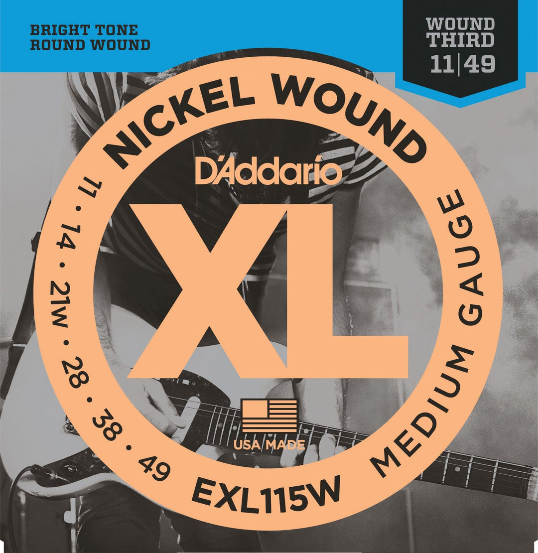 D'Addario XL Electric Guitar String Set, Wound 3rd, EXL115W Medium/Blues-Jazz Rock .011-.049 - A Strings