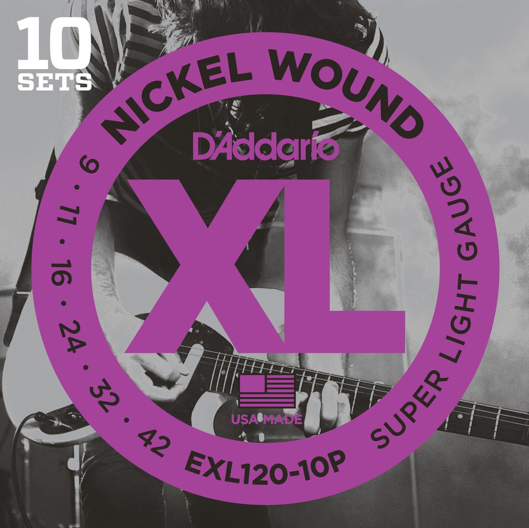 D'Addario XL 10-Pack Electric Guitar String Set, Nickel, EXL120-10P Super Light .009-.042 - A Strings