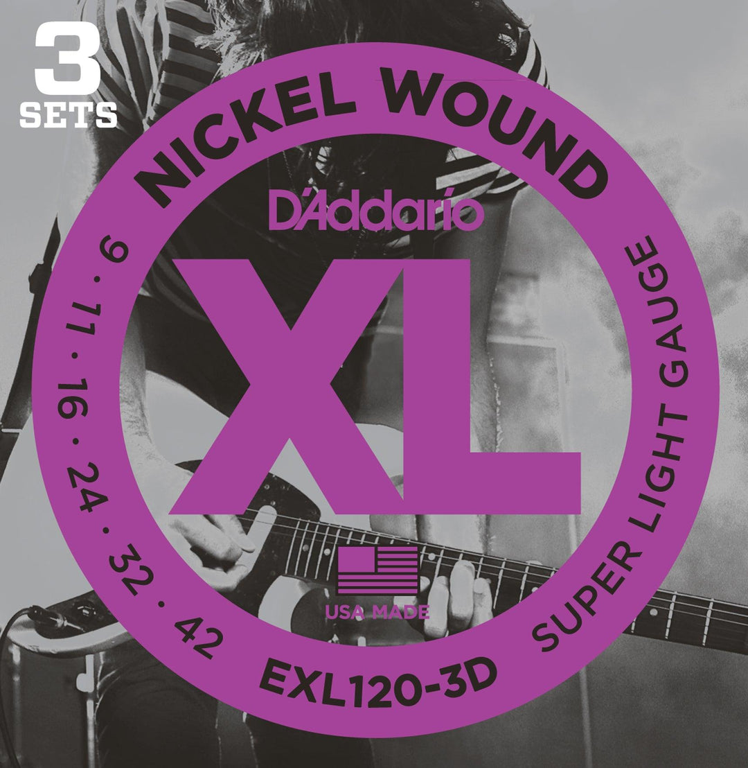D'Addario XL 3-Pack Electric Guitar String Sets, Nickel, EXL120-3D Super Light .009-.042 - A Strings
