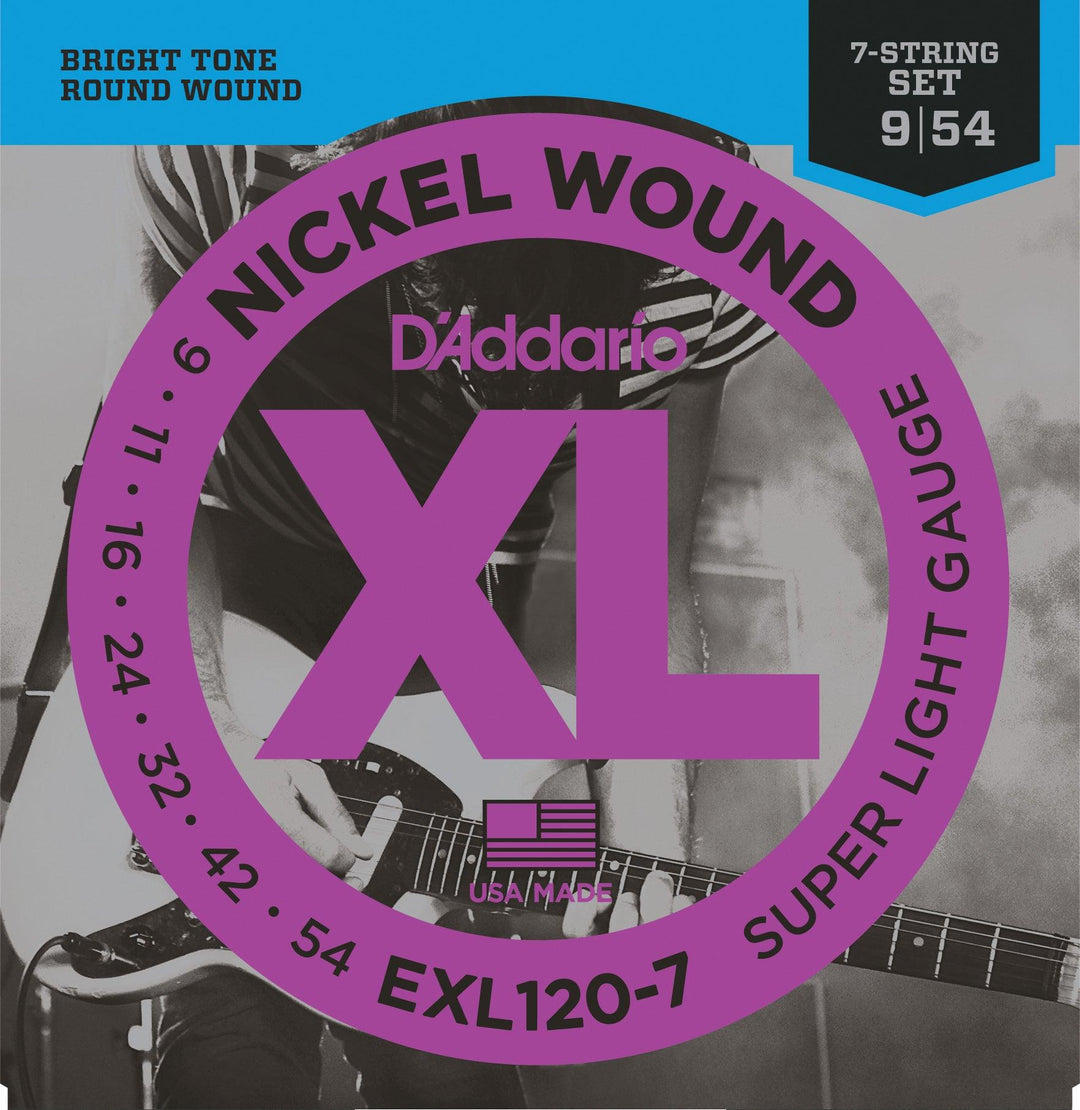 D'Addario XL 7-String Electric Guitar String Set, Nickel, EXL120-7 Super Light .009-.054 - A Strings