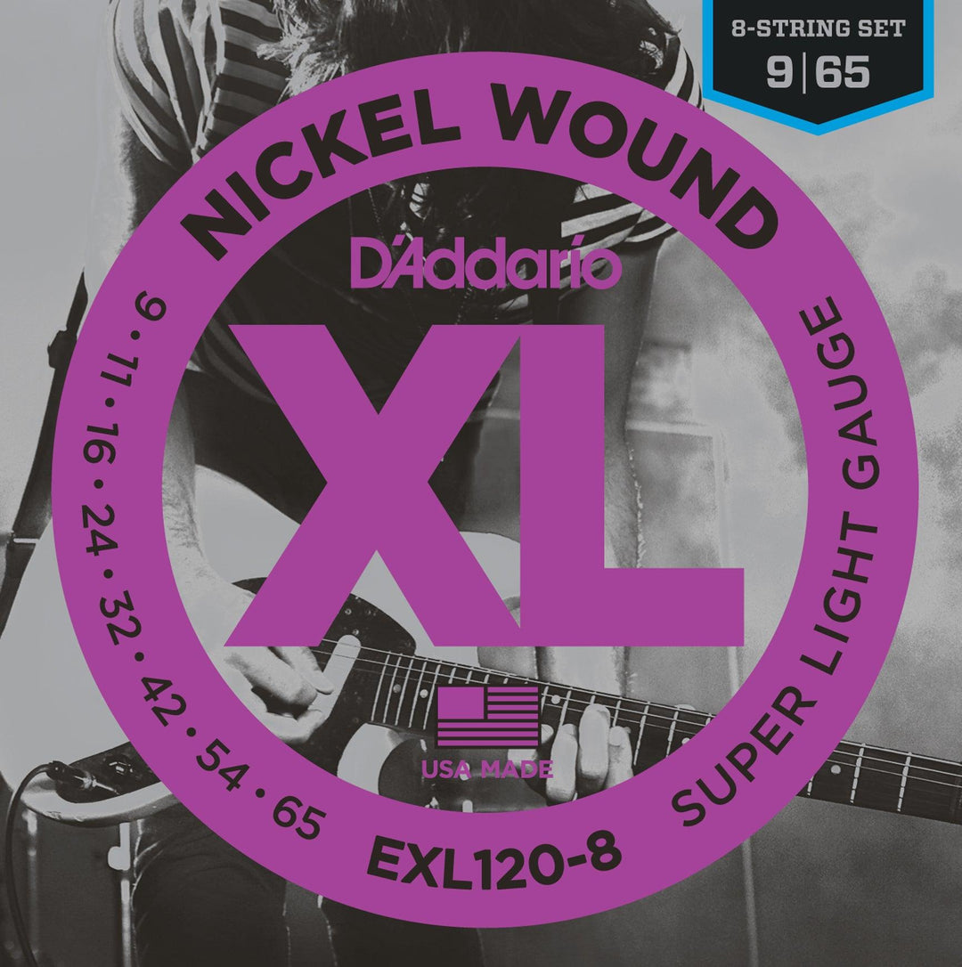 D'Addario XL 8-String Electric Guitar String Set, Nickel, EXL120-8 Super Light .009-.065 - A Strings