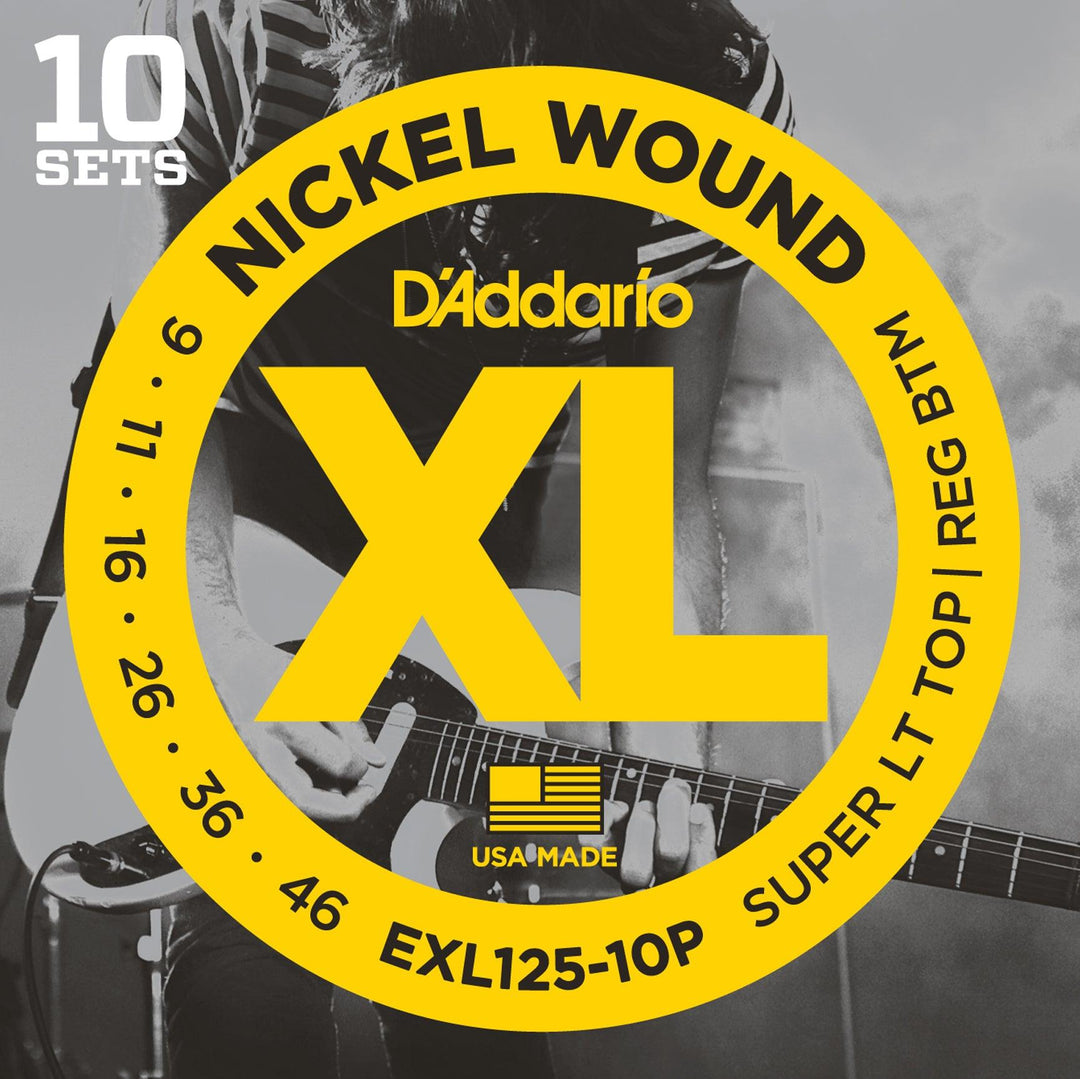 D'Addario XL 10-Pack Electric Guitar String Set, Nickel, EXL125-10P Super Light Top/ Regular Bottom .009-.046 - A Strings