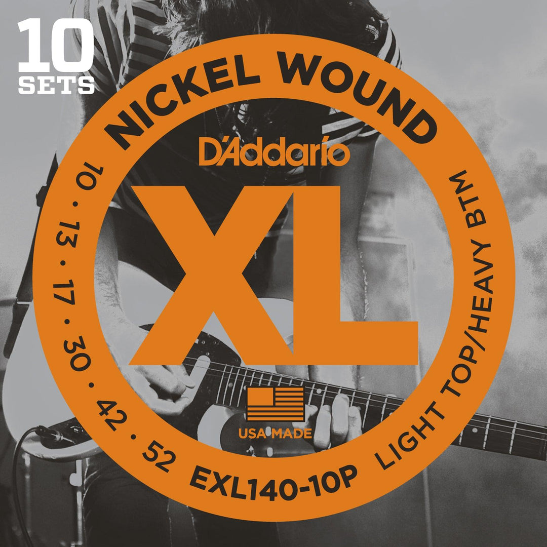 D'Addario XL 10-Pack Electric Guitar String Set, Nickel, EXL140-10P Light Top/Heavy Bottom .010-.052 - A Strings