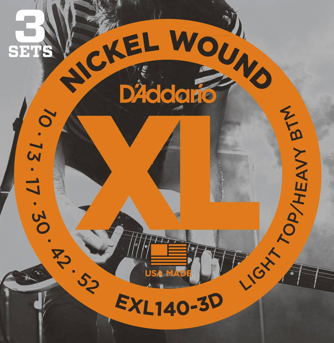 D'Addario XL 3-Pack Electric Guitar String Sets, Nickel, EXL140-3D Light Top/Heavy Bottom .010-.052 - A Strings