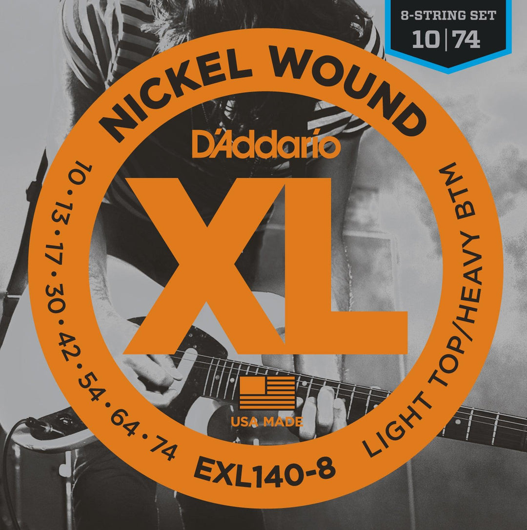 D'Addario XL 8-String Electric Guitar String Set, Nickel, EXL140-8 Light Top/Heavy Bottom .010-.074 - A Strings