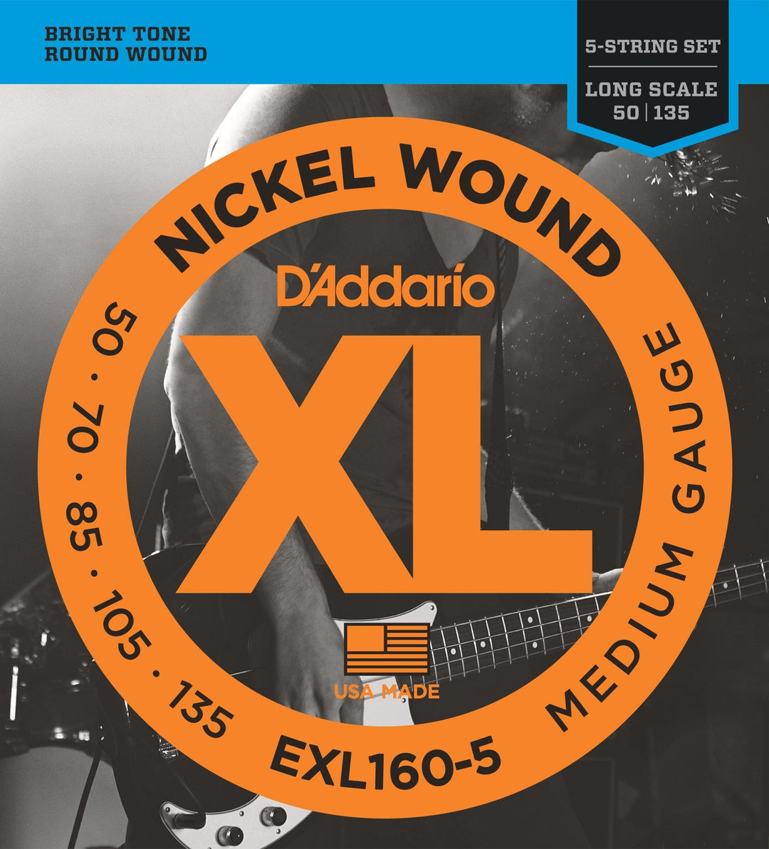 D'Addario XL 5-String Bass Guitar String Set, Nickel, EXL160-5 Medium .050-.135 - A Strings