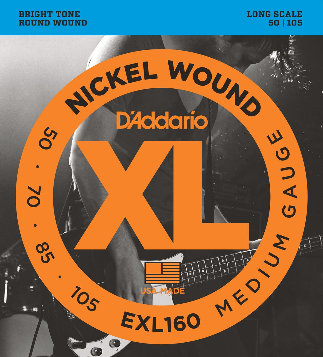D'Addario XL Bass Guitar String Set, Nickel, EXL160 Medium .050-.105 - A Strings
