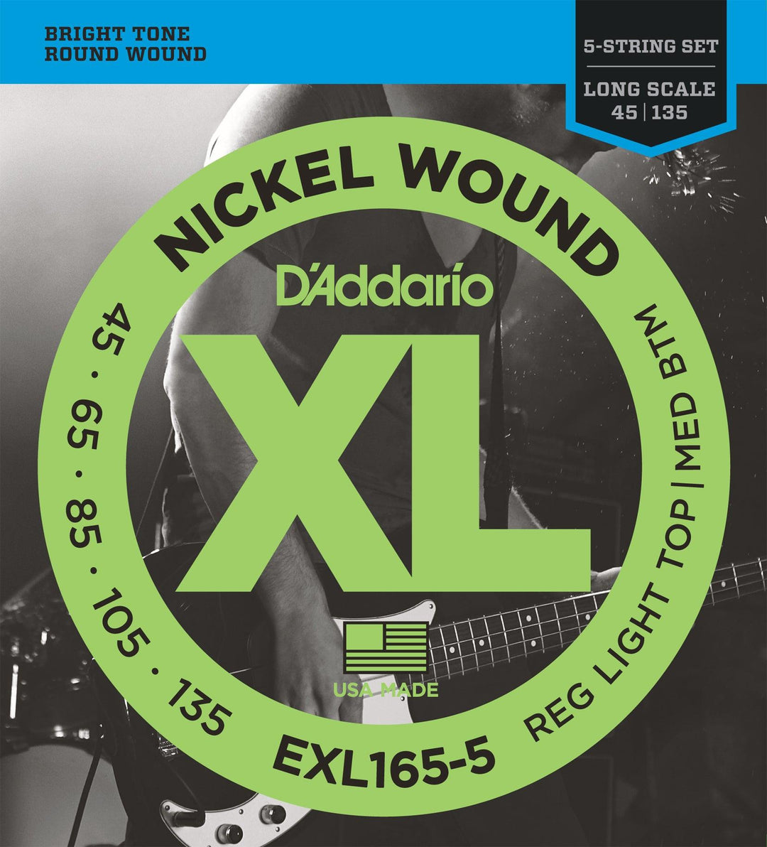 D'Addario XL 5-String Bass Guitar String Set, Nickel, EXL165-5 Regular Light/Medium .045-.135 - A Strings
