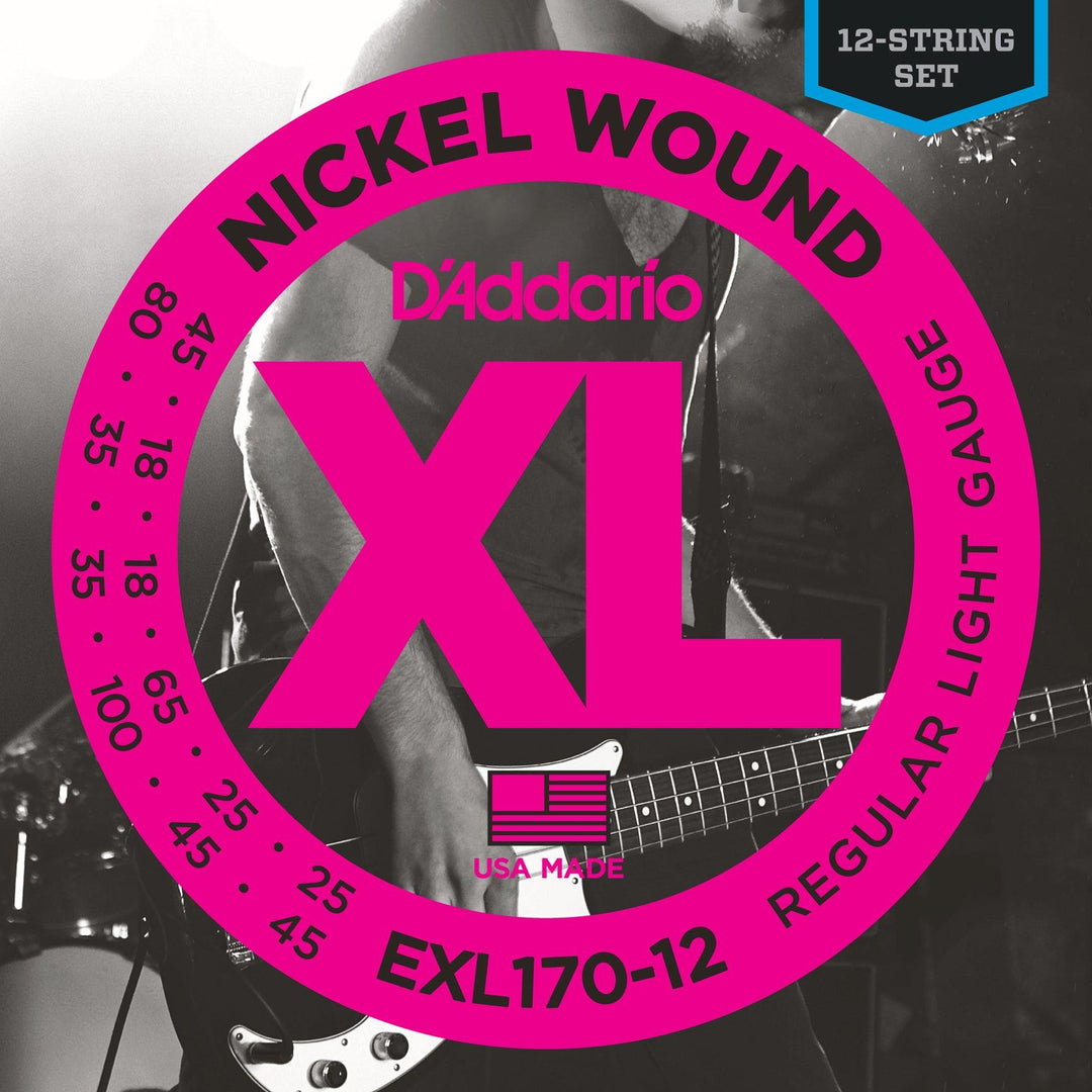 D'Addario XL 12-String Bass Guitar String Set, Nickel, EXL170-12 Light .018-.045 - A Strings
