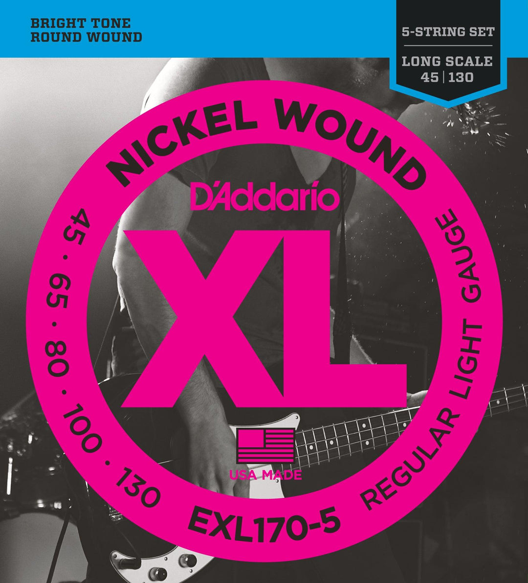 D'Addario XL 5-String Bass Guitar String Set, Nickel, EXL170-5 Light .045-.130 - A Strings