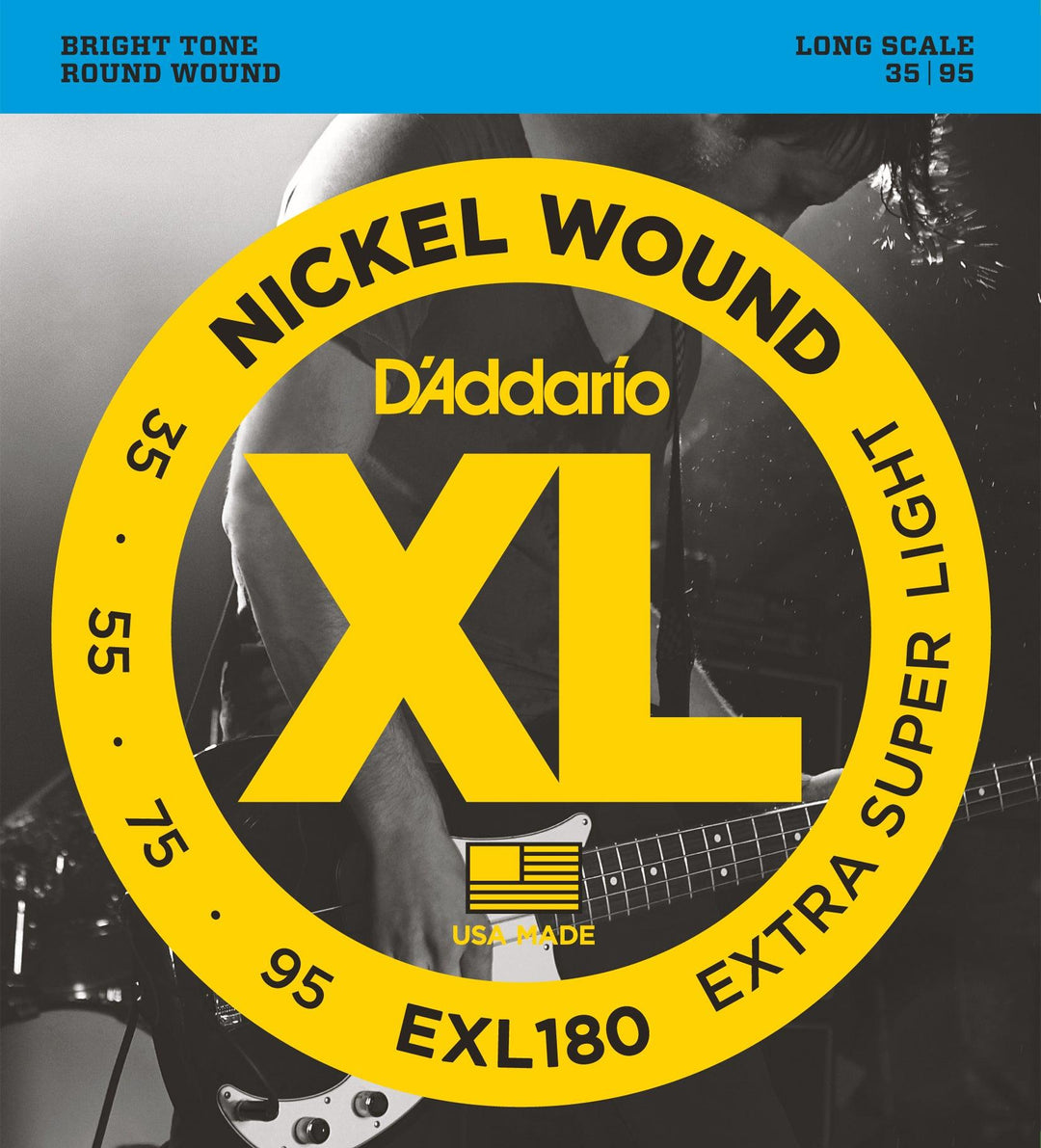 D'Addario XL Bass Guitar String Set, Nickel, EXL180 Extra Super Light .035-.095 - A Strings