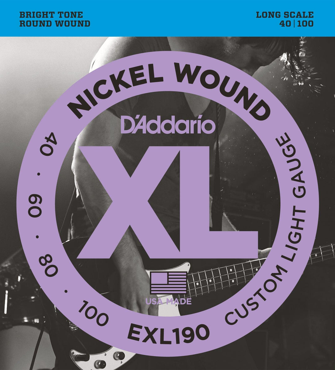 D'Addario XL Bass Guitar String Set, Nickel, EXL190 Custom Light .040-.100 - A Strings