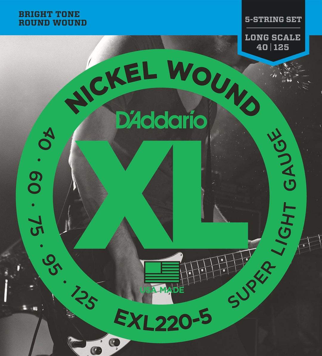 D'Addario XL 5-String Bass Guitar String Set, Nickel, EXL220-5 Super Light .040-.125 - A Strings