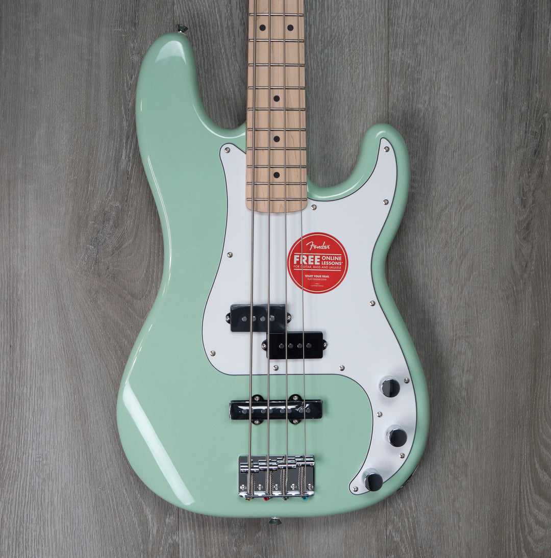 Bajo Squier FSR Affinity Series Precision Bass PJ, diapasón de arce, golpeador blanco, verde surf