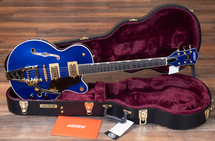 Gretsch G6659TG Players Edition Broadkaster Jr. Centre Block Single-Cut with String-Thru Bigsby and Gold Hardware, Ebony Fingerboard, Azure Metallic