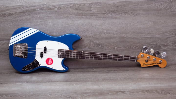 Squier FSR Classic Vibe 60s Competition Mustang Bass, Laurel Fingerboard, Lake Placid Blue with Olympic White Stripes