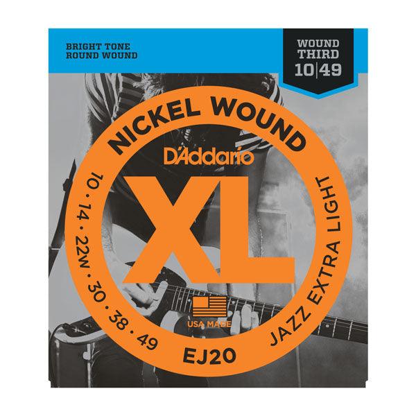 D'Addario XL Jazz Electric Guitar String Set, Nickel, EJ20 Jazz Extra Light .010-.049 - A Strings