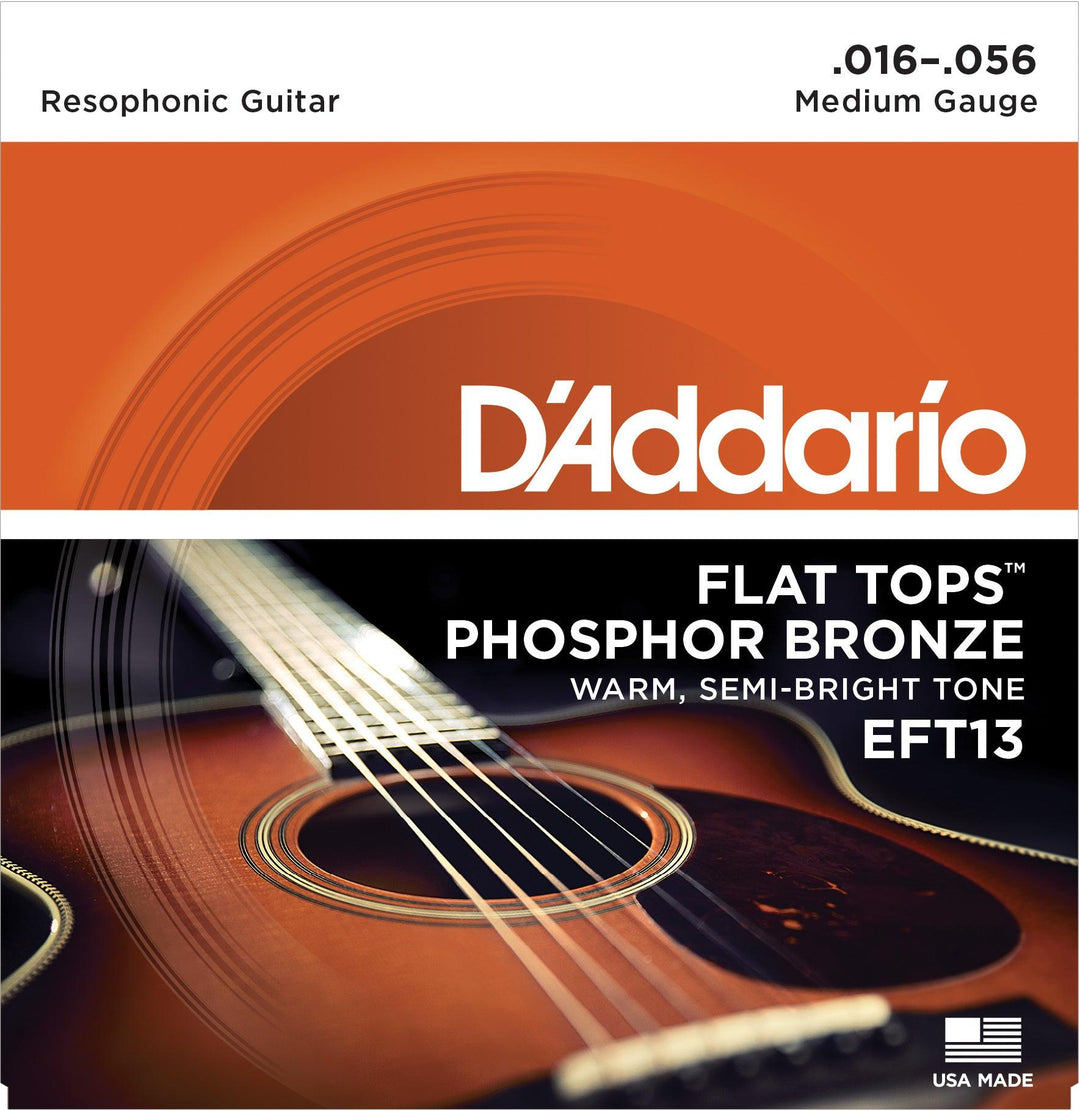 D'Addario Flat Tops Acoustic String Set, Phosphor Bronze, EFT13 Resophonic Medium .016-.056 - A Strings