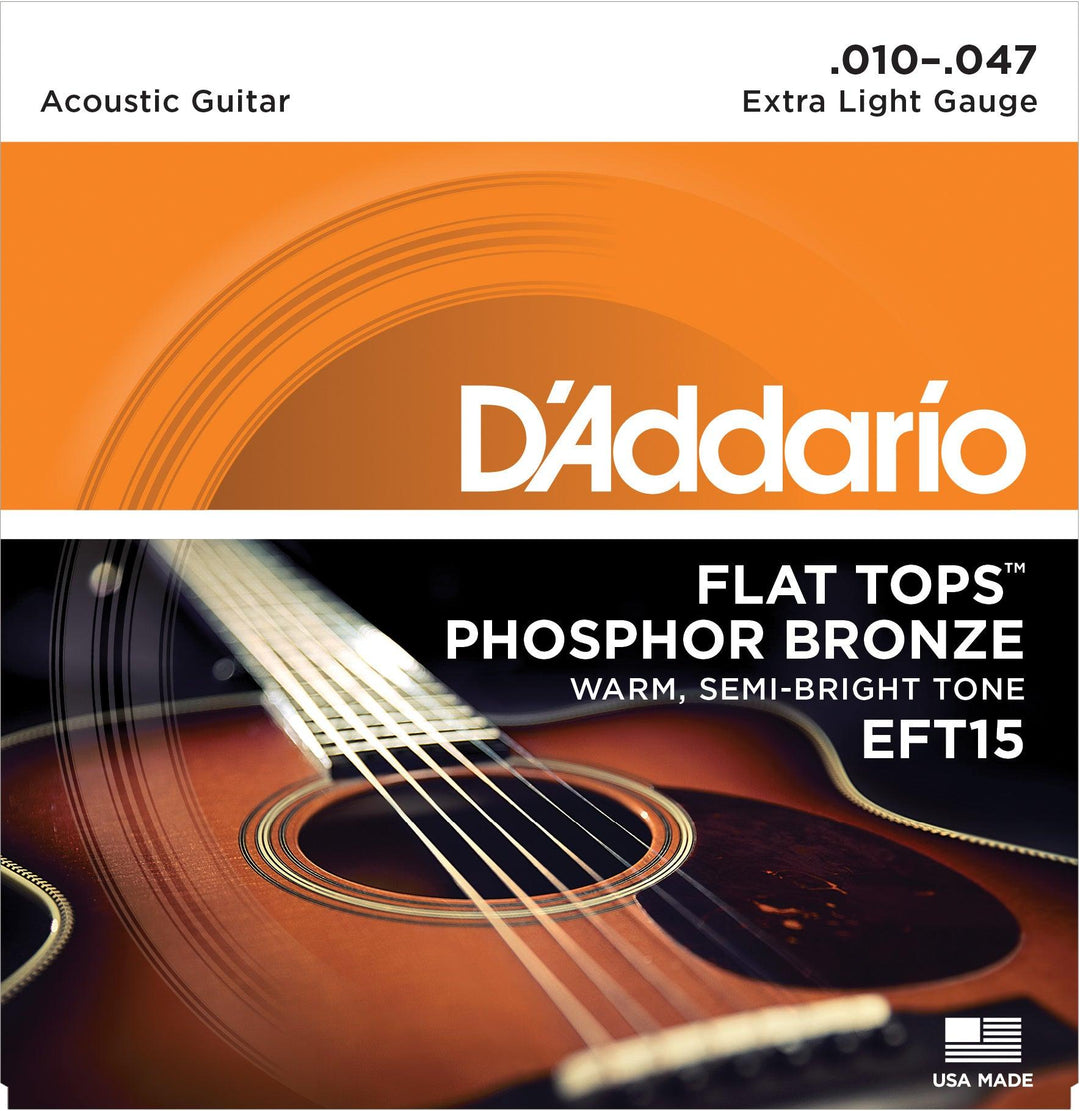 D'Addario Flat Tops Acoustic String Set, Phosphor Bronze, EFT15 Extra Light .010-.047 - A Strings