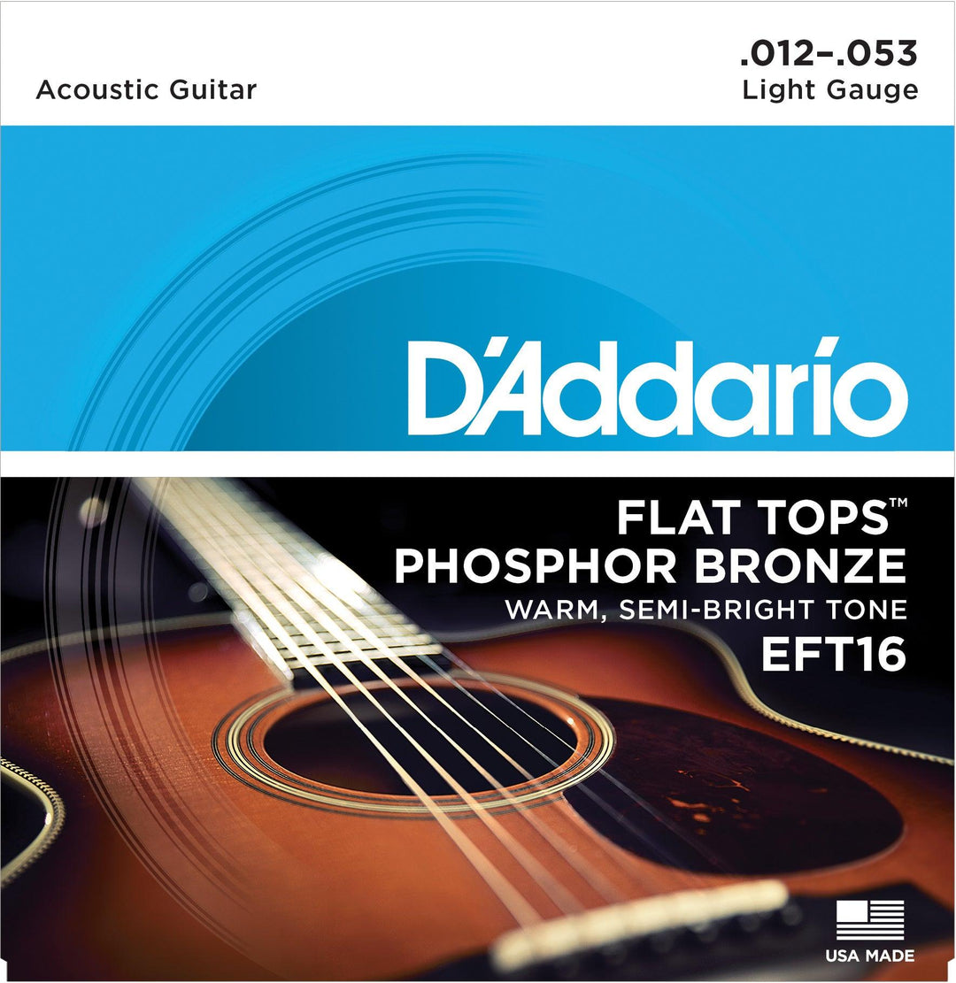 D'Addario Flat Tops Acoustic String Set, Phosphor Bronze, EFT16 Light .012-.053 - A Strings