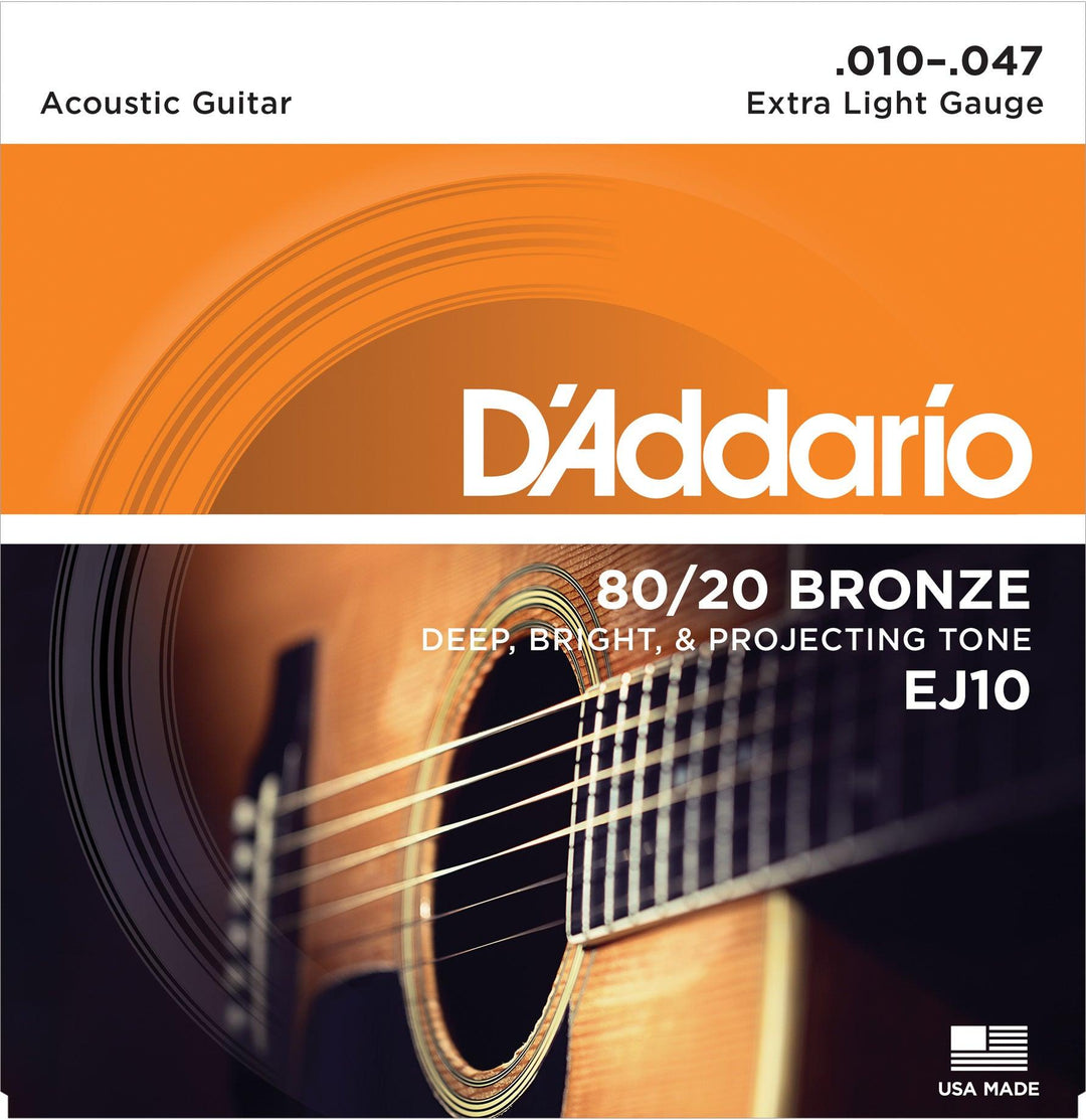 D'Addario Acoustic String Set, 80/20 Bronze, EJ10 Extra Light .010-.047 - A Strings