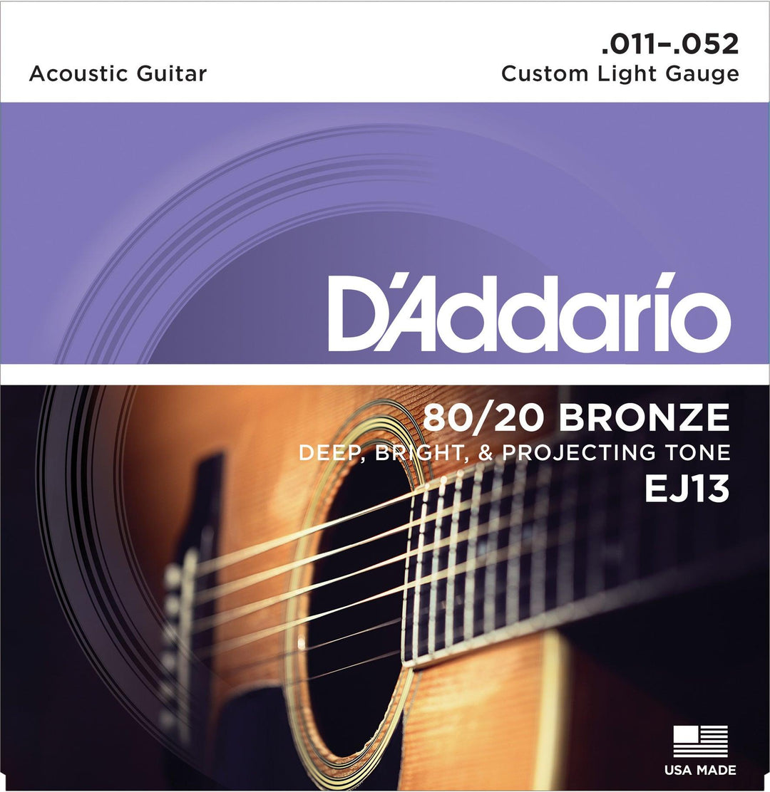 D'Addario Acoustic String Set, 80/20 Bronze, EJ13 Custom Light .011-.052 - A Strings