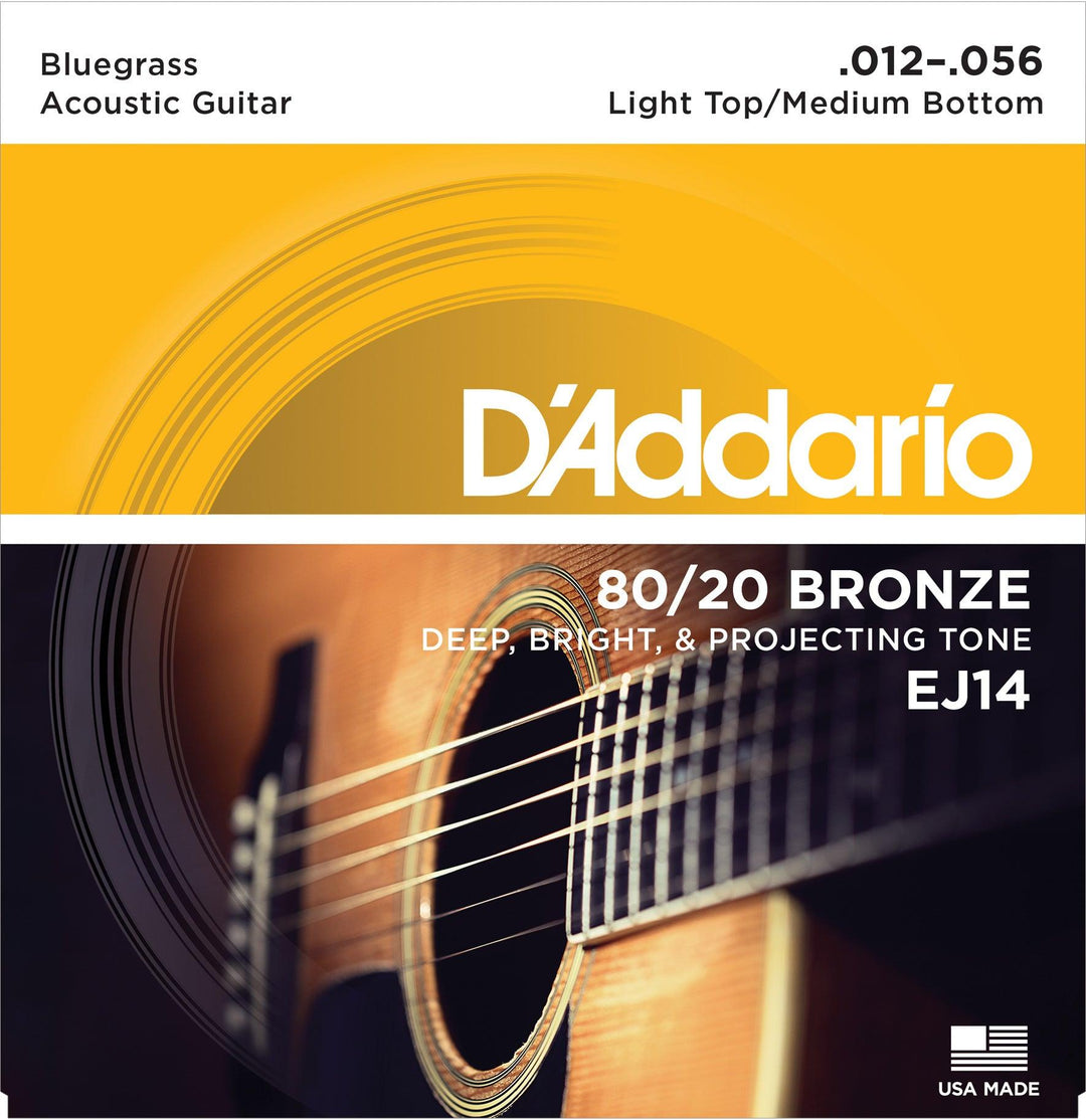 D'Addario Acoustic String Set, 80/20 Bronze, EJ14 Bluegrass Light Top/Medium Bottom .012-.056 - A Strings