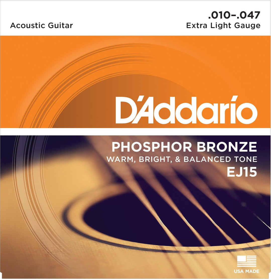 D'Addario Acoustic String Set, Phosphor Bronze, EJ15 Extra Light .010-.047 - A Strings
