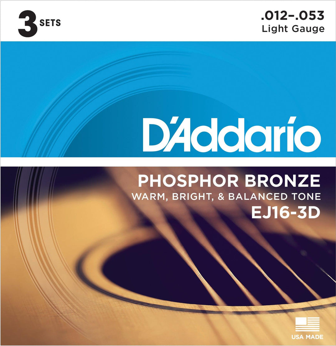 D'Addario Acoustic String Set Multipacks, Phosphor Bronze, EJ16-3D Light .012-.053 - 3 Sets - A Strings