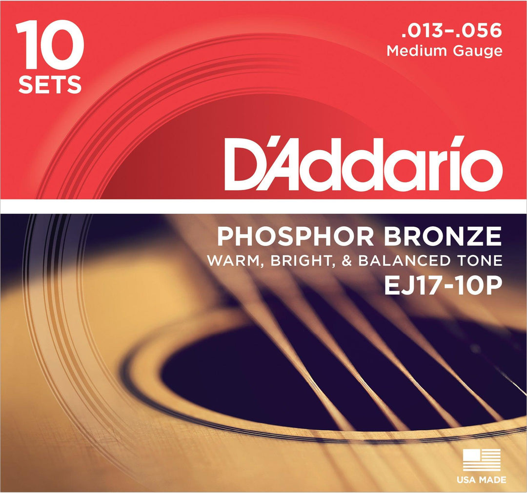 D'Addario Acoustic String Set Multipacks, Phosphor Bronze, EJ17-10P Medium .013-.056 - 10 Sets - A Strings