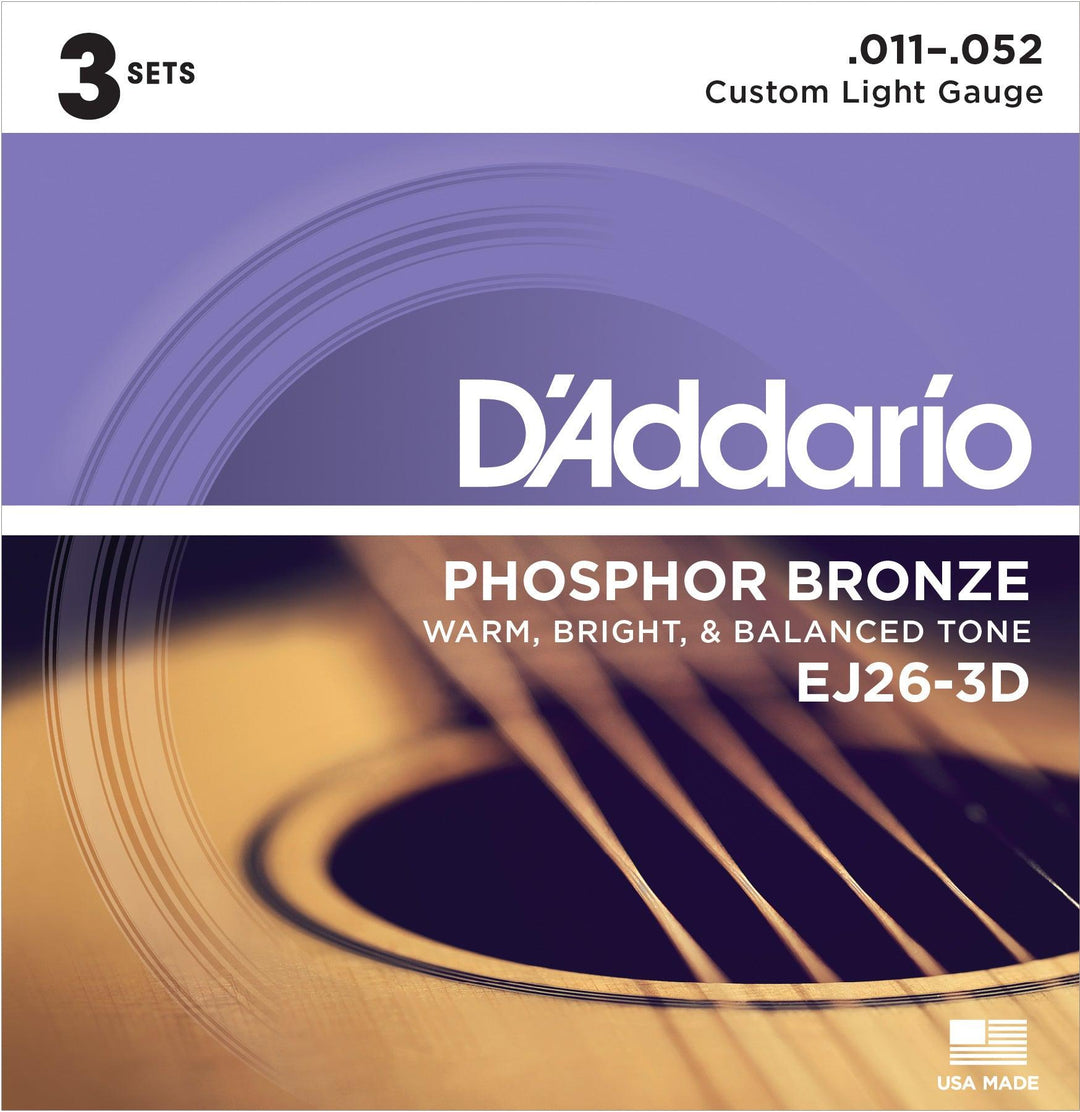 D'Addario Acoustic String Set Multipacks, Phosphor Bronze, EJ26-3D Custom Light .011-.052 - 3 Sets - A Strings