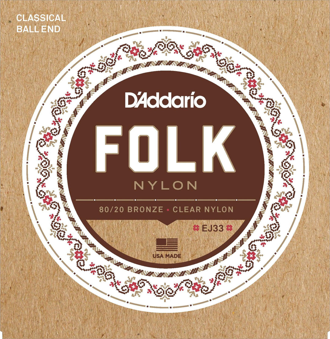 D'Addario Folk Nylon Classical Guitar Ball End String Set, Nylon, EJ33 Clear Trebles 80/20 Bronze Basses - A Strings