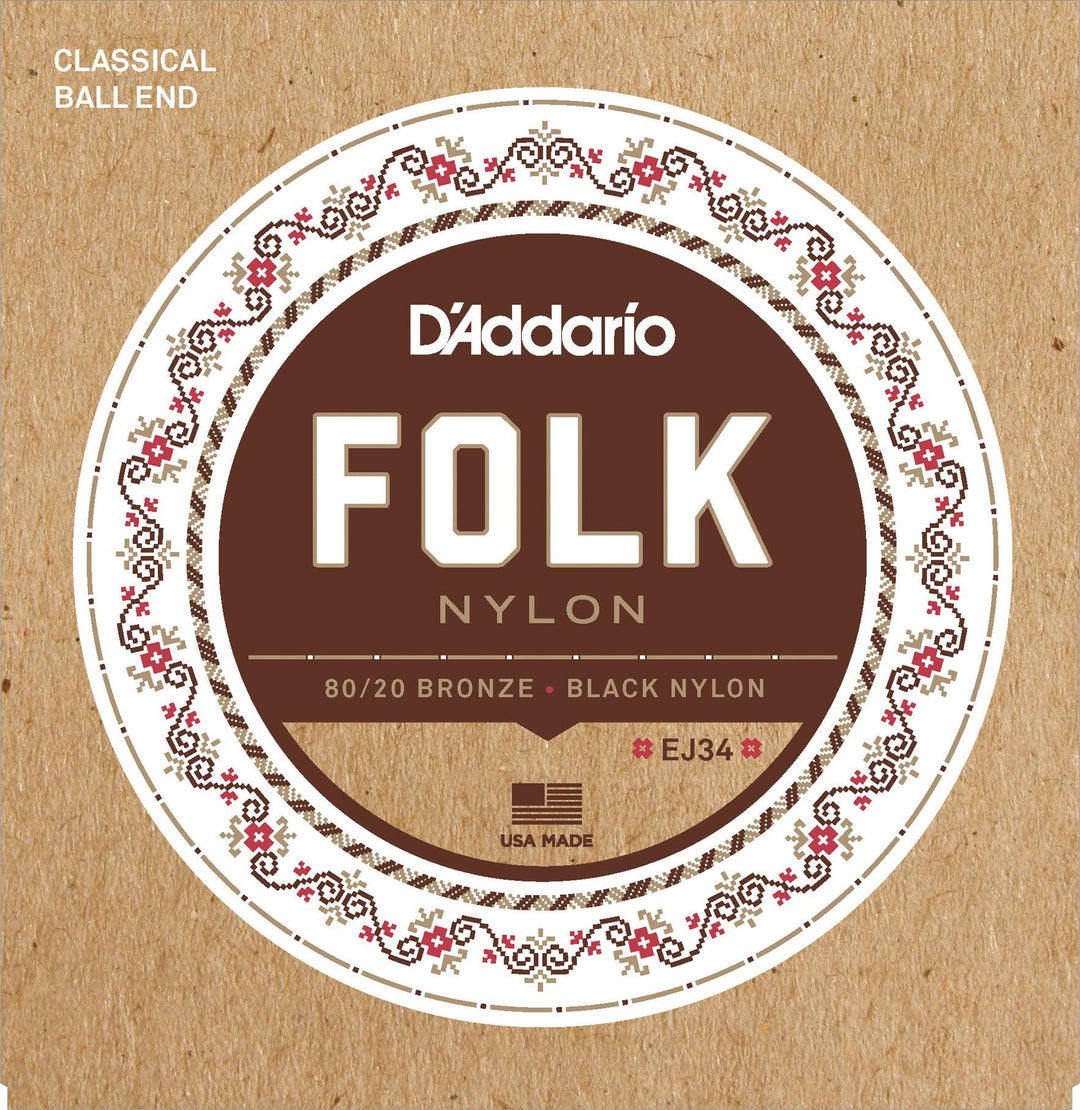 D'Addario Folk Nylon Classical Guitar Ball End String Set, Nylon, EJ34 Black Trebles 80/20 Bronze Basses - A Strings