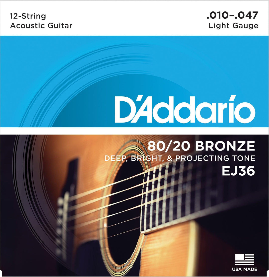 D'Addario 12-String Guitar String Set, 80/20 Bronze, EJ36 Light .010-.047 - A Strings