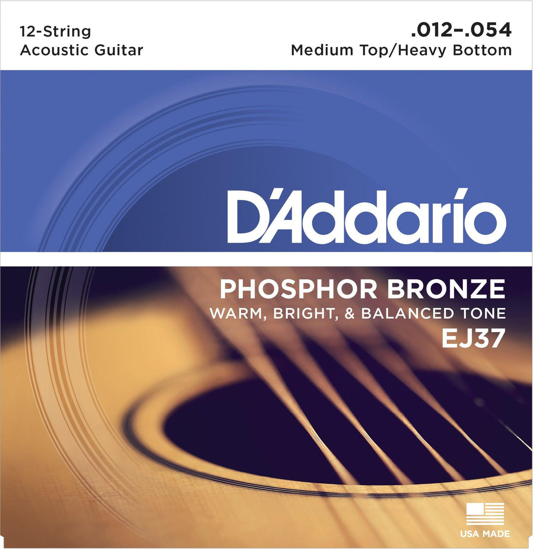 D'Addario 12-String Guitar String Set, Phosphor Bronze, EJ37 Medium Top/Heavy Bottom .012-.054 - A Strings