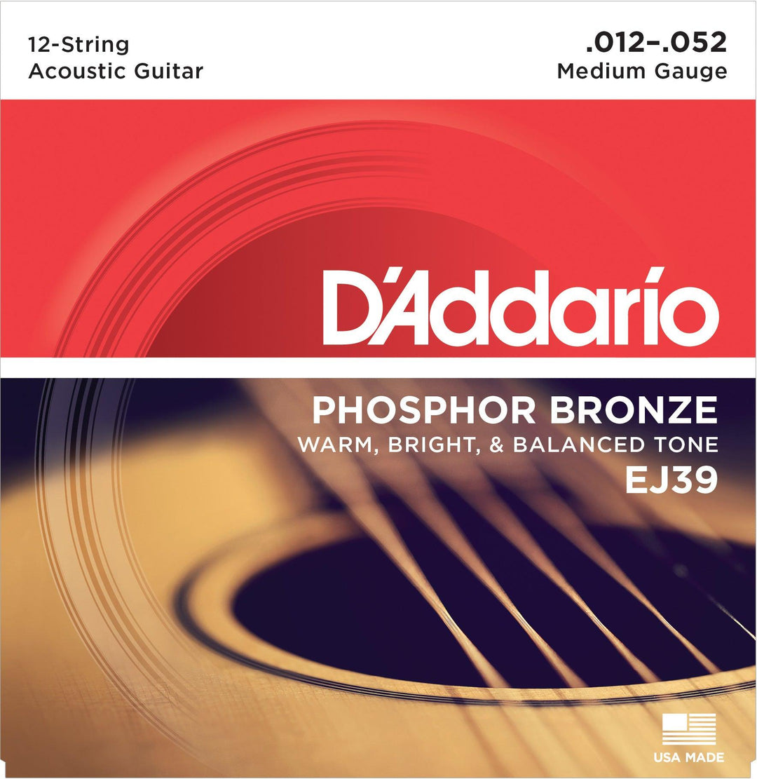 D'Addario 12-String Guitar String Set, Phosphor Bronze, EJ39 Medium .012-.052 - A Strings