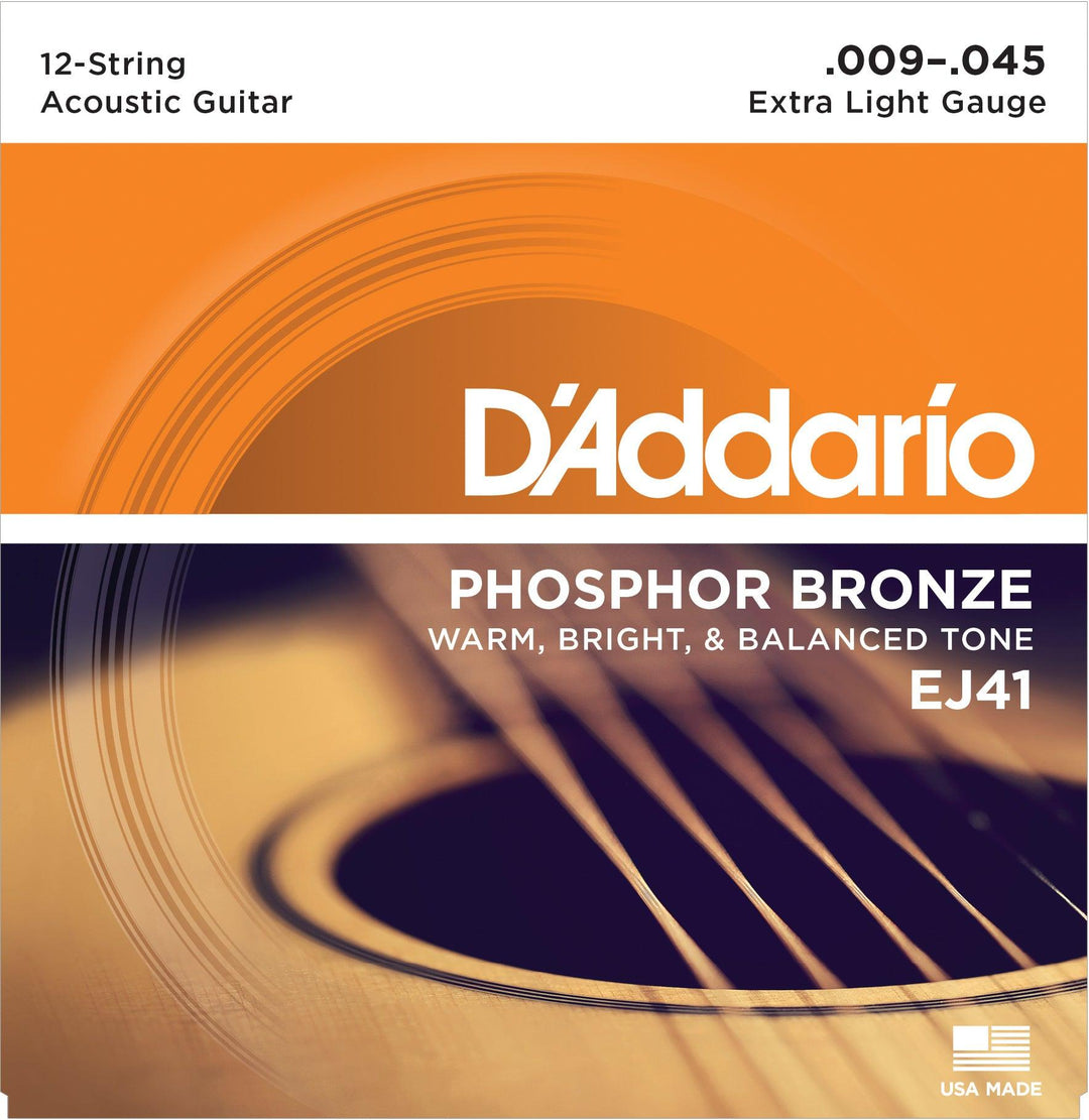 D'Addario 12-String Guitar String Set, Phosphor Bronze, EJ41 Extra Light .009-.045 - A Strings