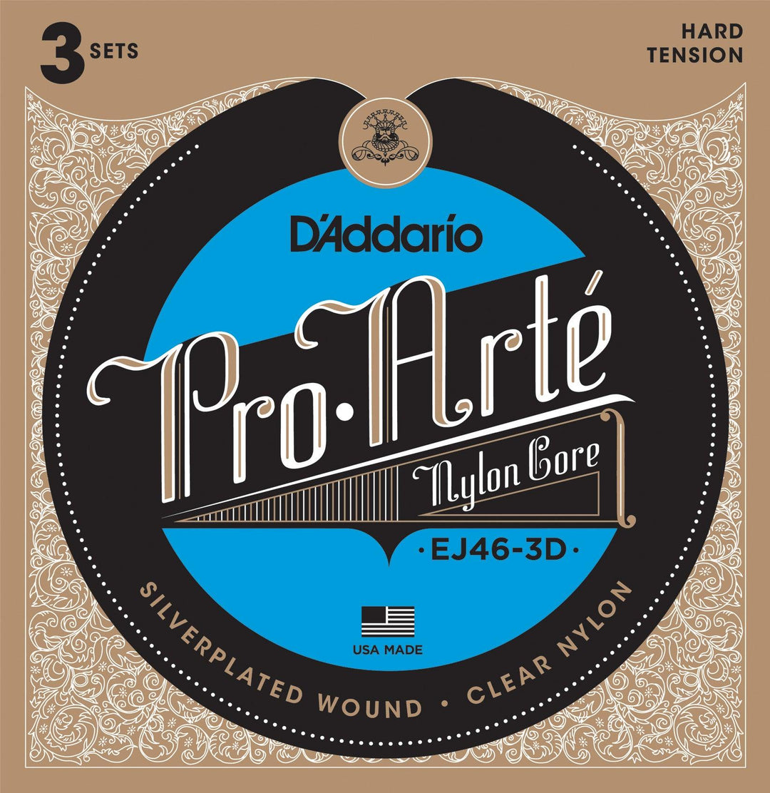 D'Addario 3-Pack ProArte Classical Guitar String Sets, Nylon, EJ46-3D Hard Tension - A Strings