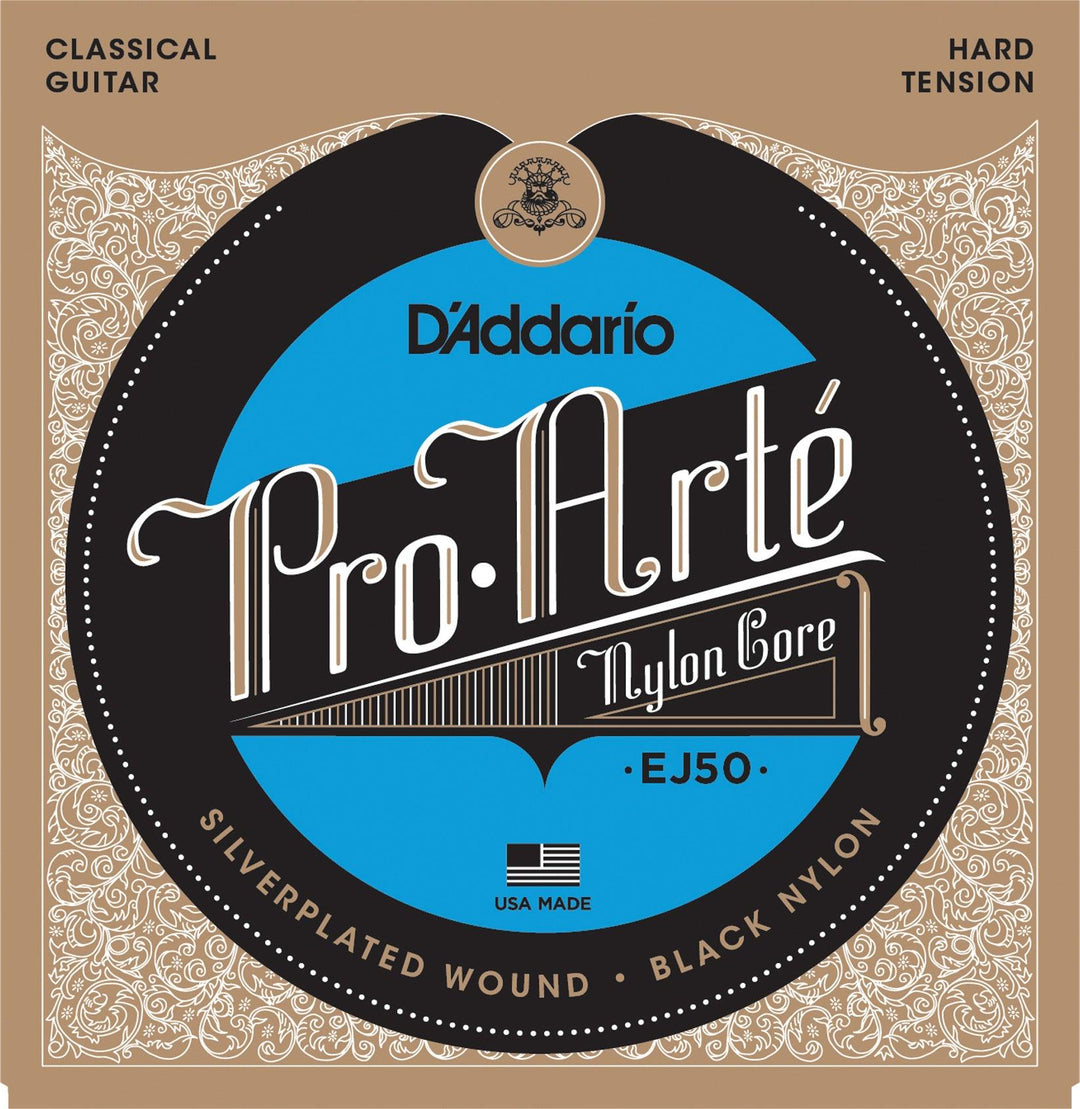 D'Addario ProArte Black Nylon Classical Guitar String Set, Nylon, EJ50 Hard Tension - A Strings