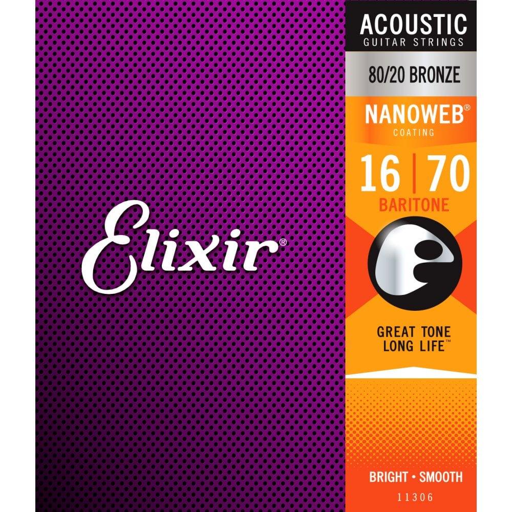 Elixir Nanoweb Coated Baritone Guitar String Set, 80/20 Bronze, .016-.070 - A Strings