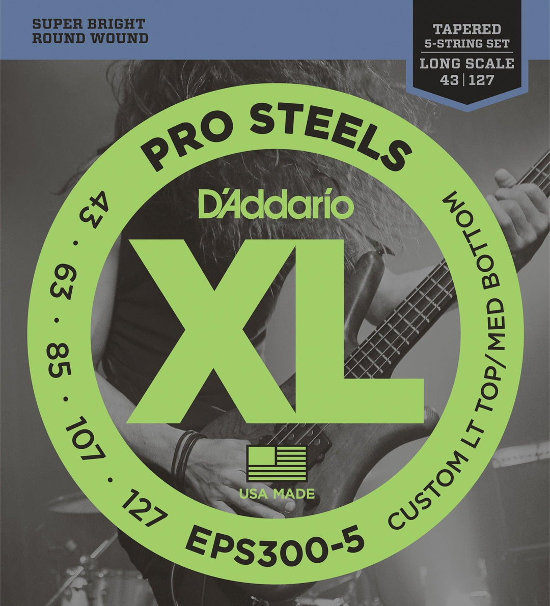 D'Addario ProSteels 5-String Bass Guitar String Set, Steel, EPS300-5 Tapered .043-.130 - A Strings