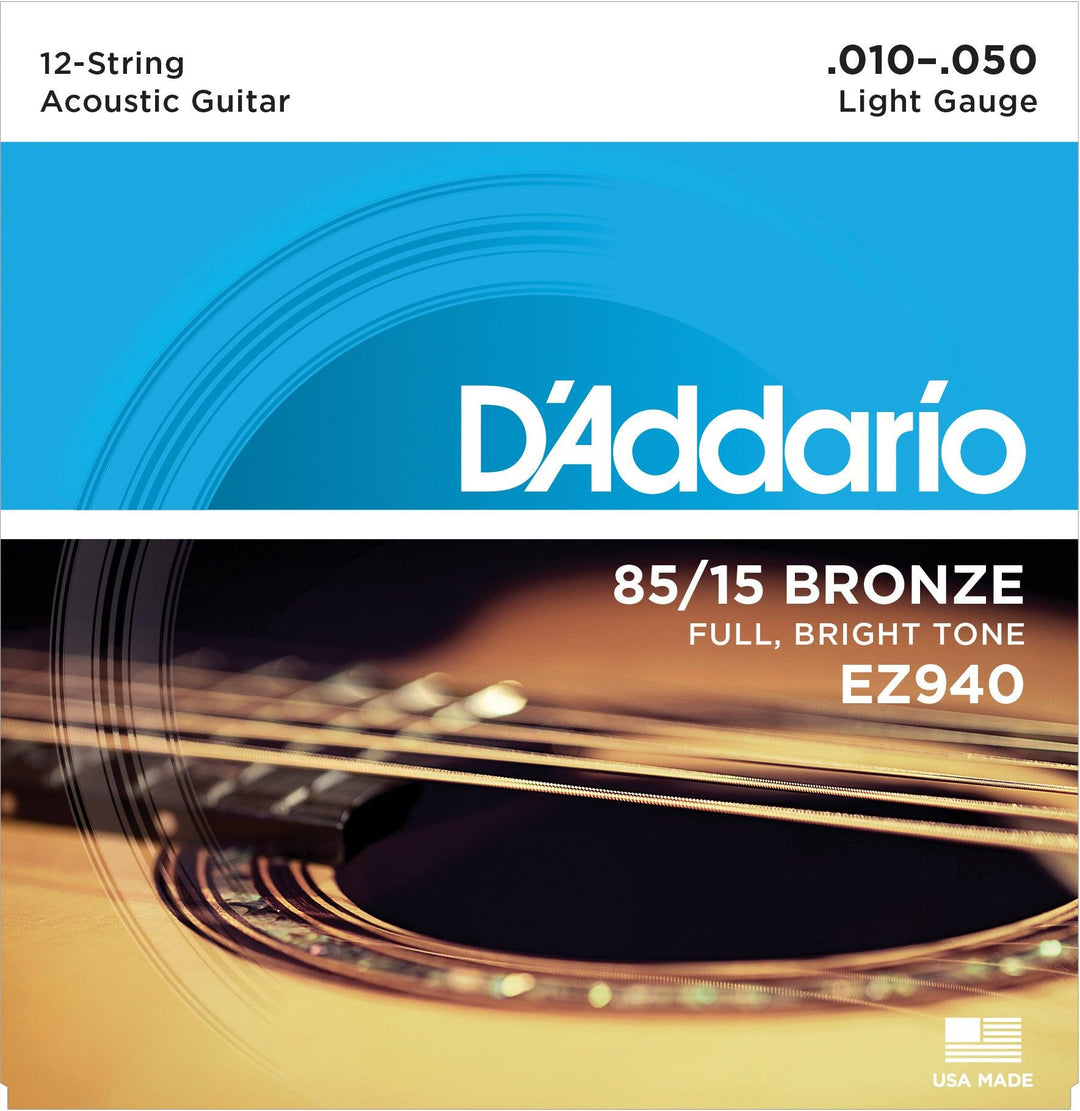 D'Addario 12-String Guitar String Set, 85/15 Bronze, American Bronze EZ940 Light .010-.050 - A Strings
