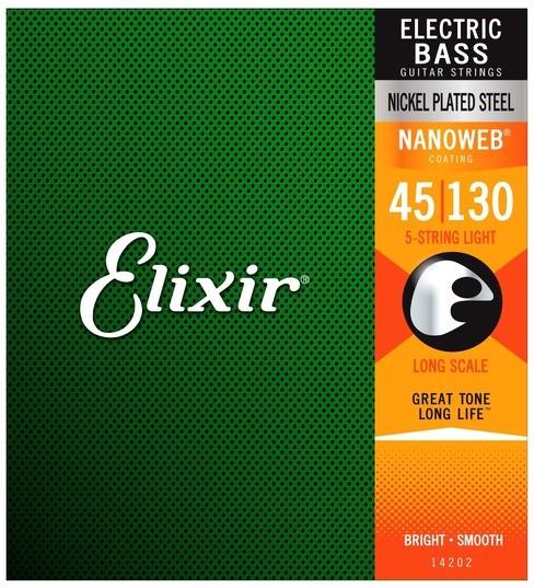 Elixir Nanoweb Coated 5-String Bass Guitar String Set, Nickel, .045-.130 - A Strings