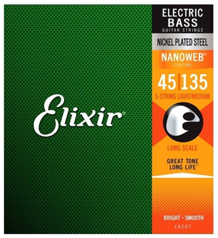 Elixir Nanoweb Coated 5-String Bass Guitar String Set, Nickel, .045-.135 - A Strings